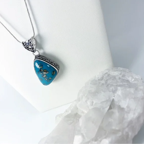 PERSIAN Turquoise Chunky Asymmetrical Gemstone Pendant Necklace Silver 925 New - Picture 3 of 11